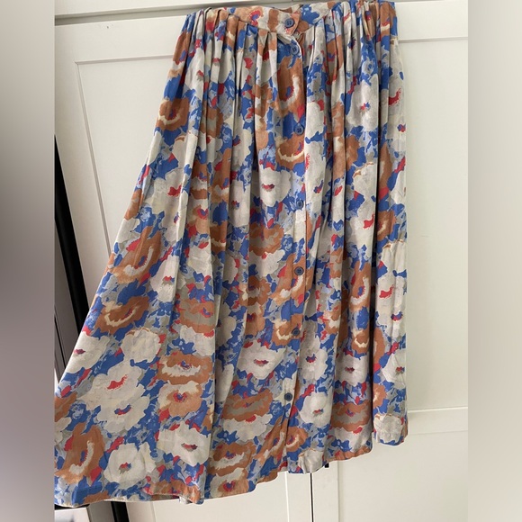 Vintage 80s 90s midi maxi pleated button front floral flowy skirt high waist - Picture 2 of 6